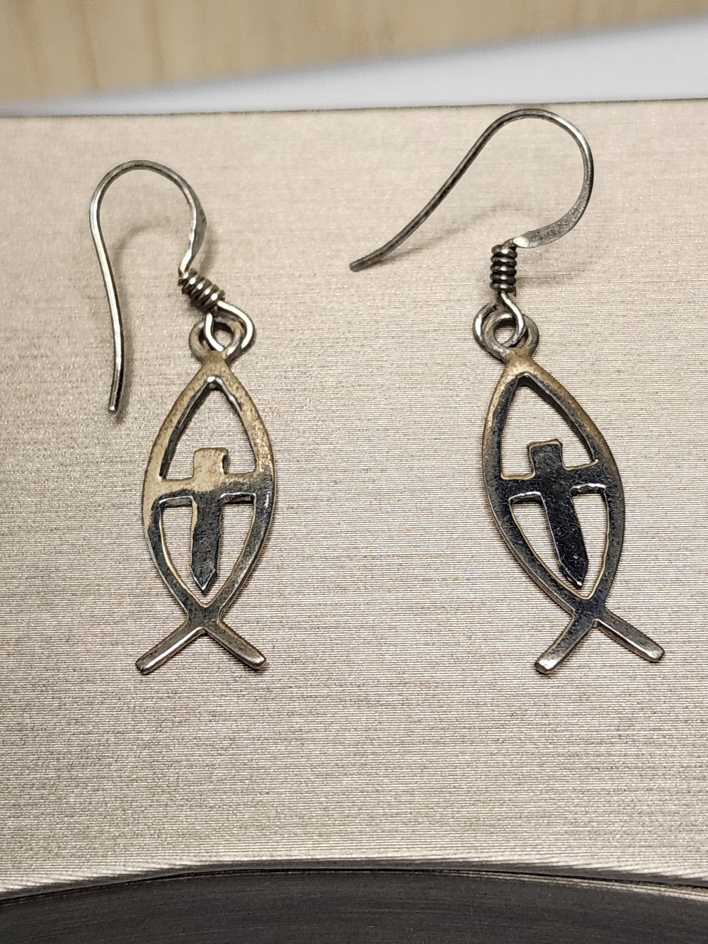 Silver Tone Cross Ichthys Drop Earrings Silver Christian Catholic Fish Design